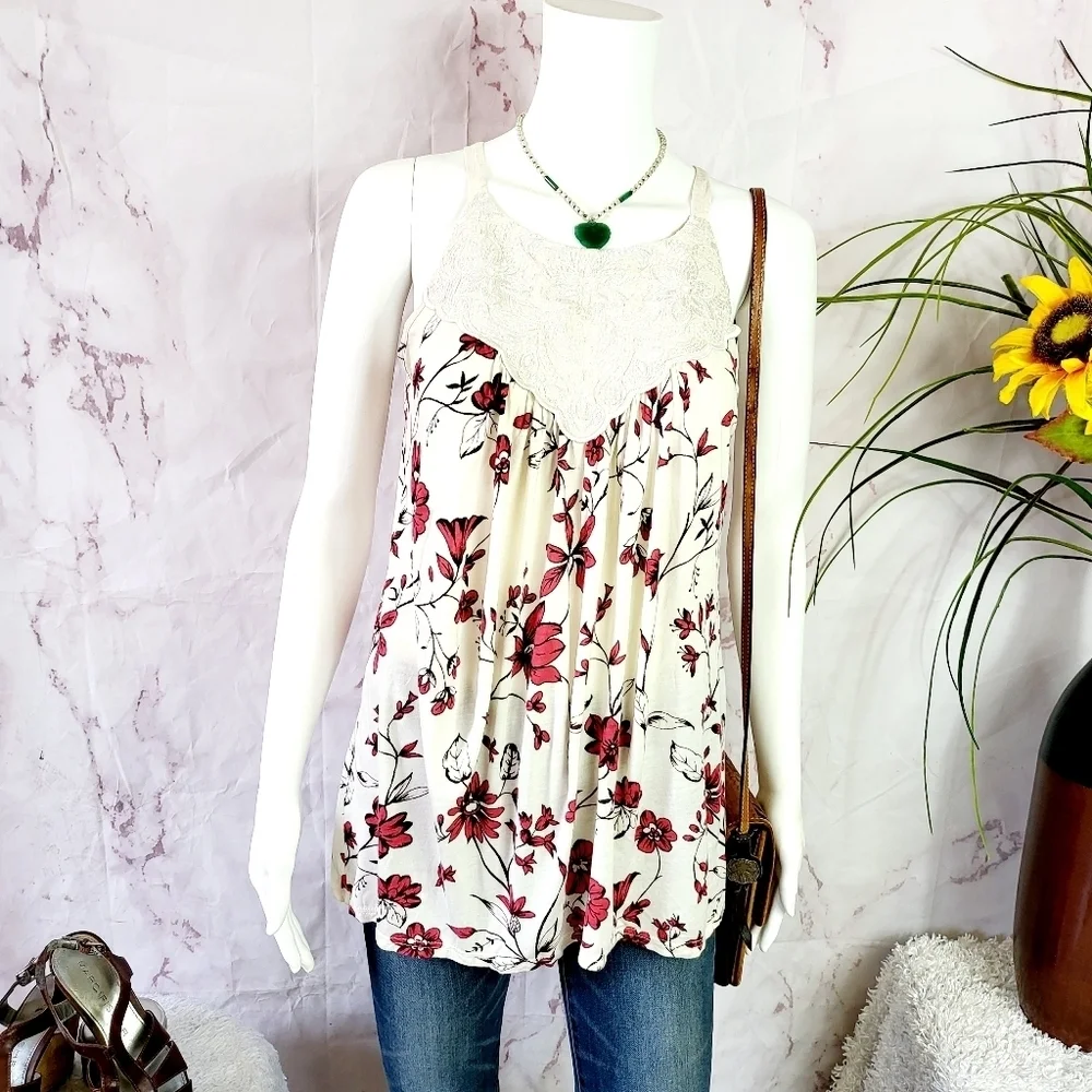 Anthropologie One September Floral Lace Trim Top